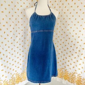 Aqua Blues Y2K Denim Halter Mini Dress Stretch Bodycon Size M